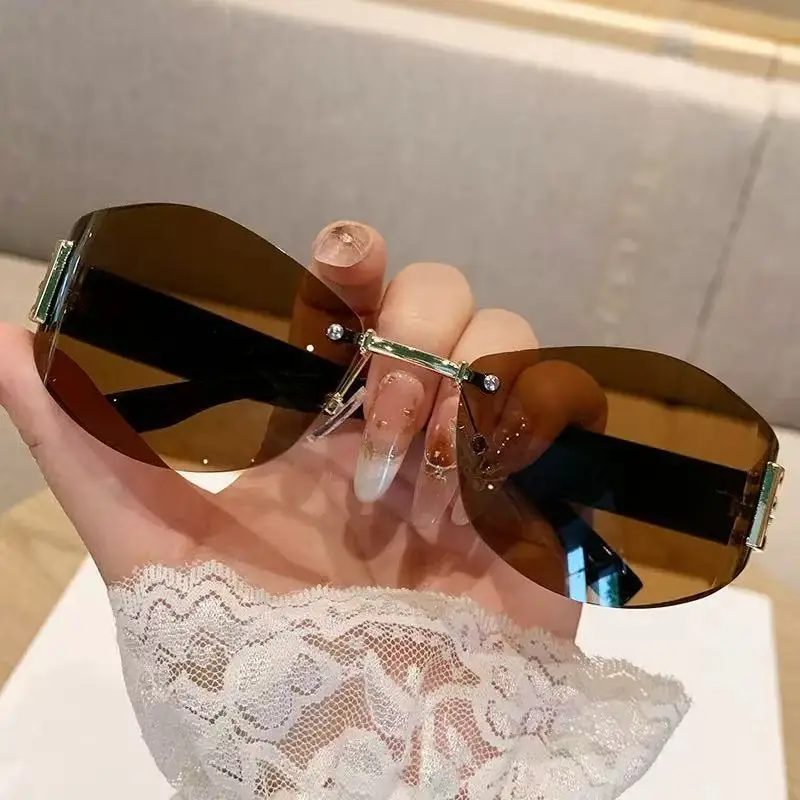 Retro Frameless Oval Curved Sunglasses Y2K Metal Ins - Image 7