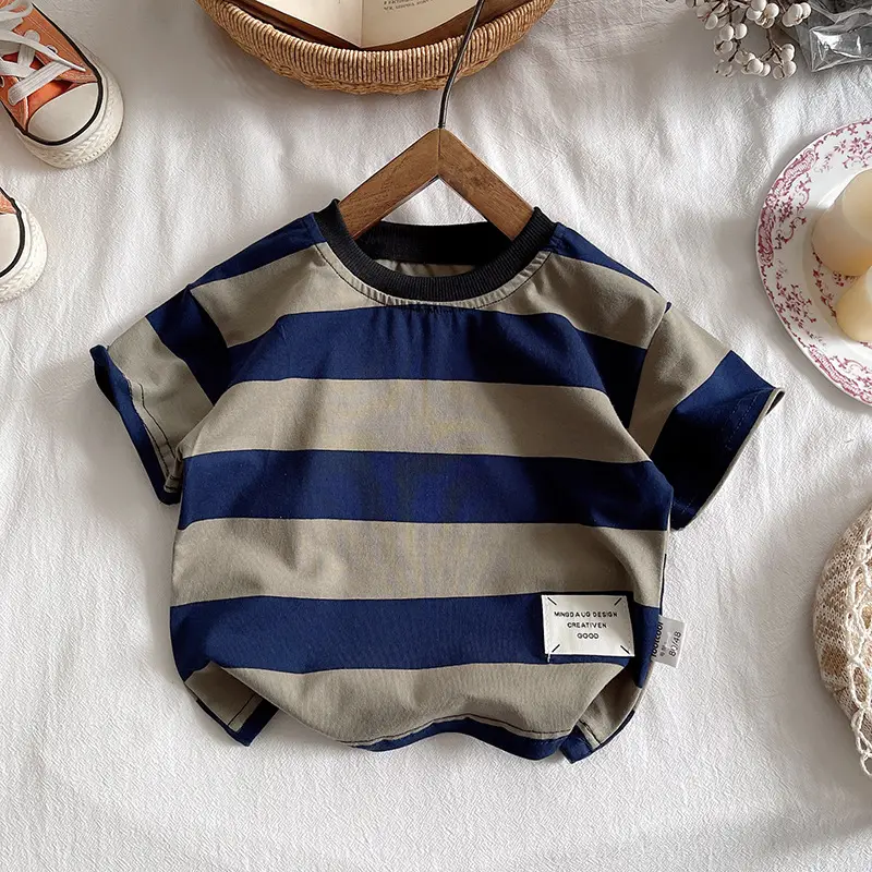 Boys Striped Cotton Shorts Set Blue Beige - Image 3