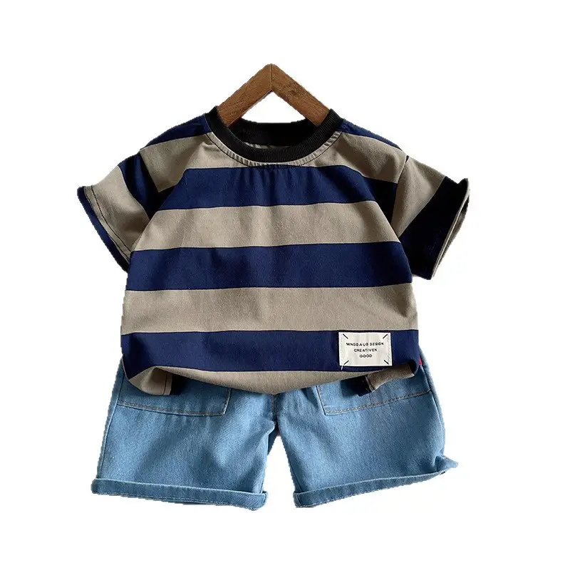 Boys Striped Cotton Shorts Set Blue Beige - Image 5