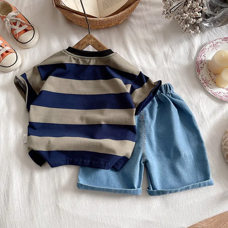 Boys Striped Cotton Shorts Set Blue Beige — feature 5