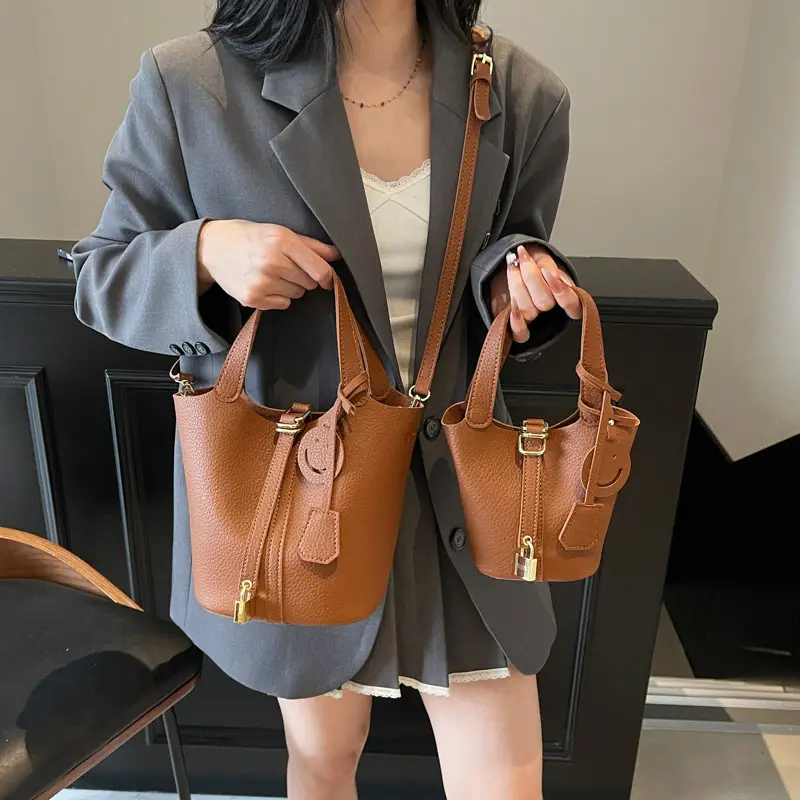 Women's Retro Satchel Bag Beige Gold Accents - Image 9