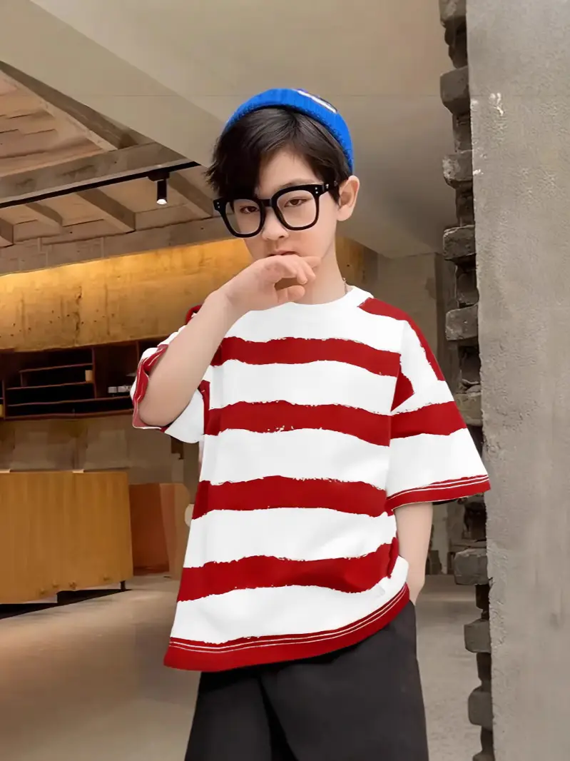 Boys Striped Cotton T-shirt Red White Summer Wear - Image 10