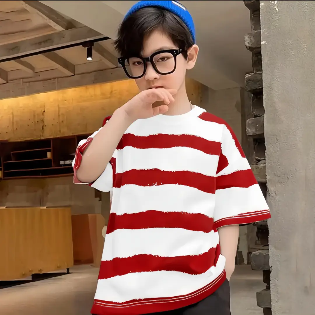 Boys Striped Cotton T-shirt Red White Summer Wear - Image 3