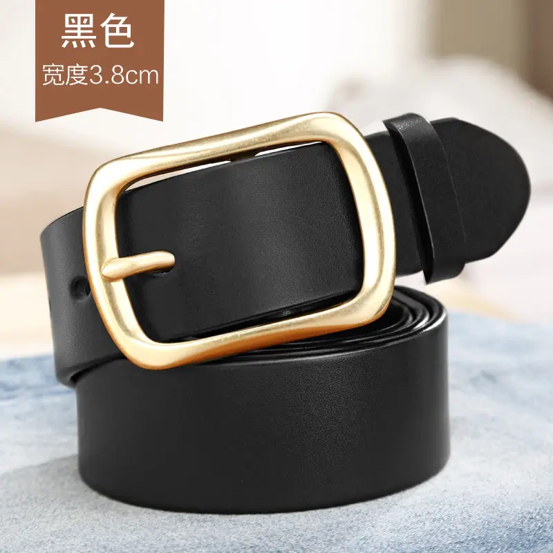 Men's Black Genuine Leather Belt with Gold Pin Buckle — feature 3