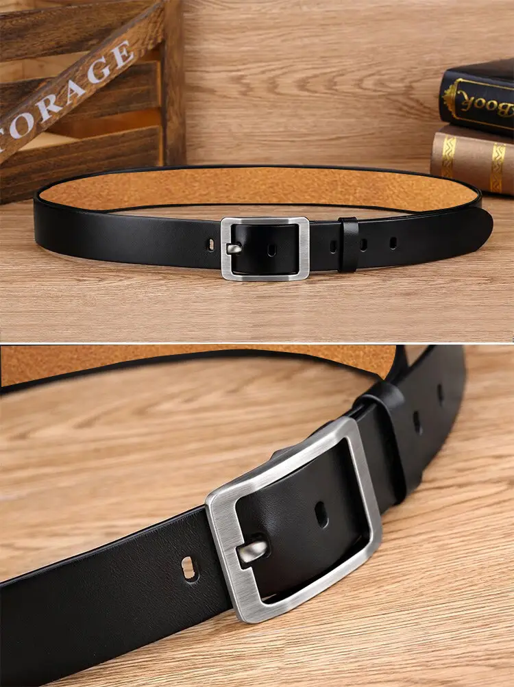 New Men's Black Cowhide Belt with Silver Buckle — feature 8
