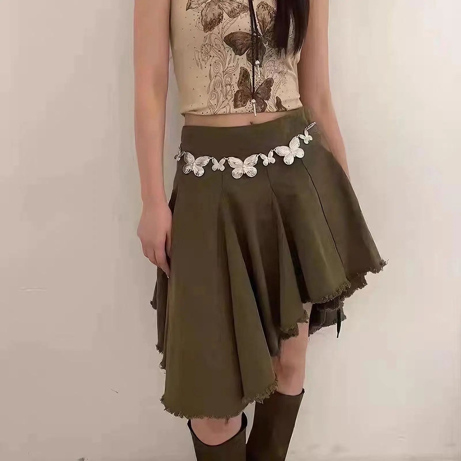 Women Retro Ethnic Butterfly Belt with Skirt Set