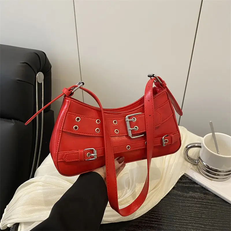 Red Motorcycle Style Shoulder Bag with Buckle Detail