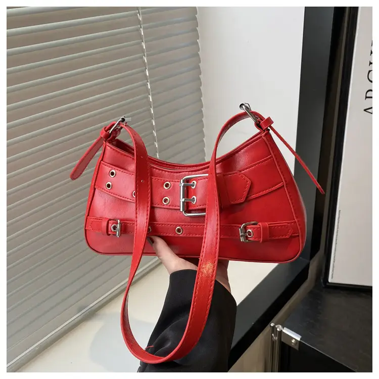 Red Motorcycle Style Shoulder Bag with Buckle Detail — feature 18