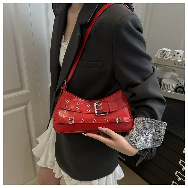 Red Motorcycle Style Shoulder Bag with Buckle Detail — feature 9