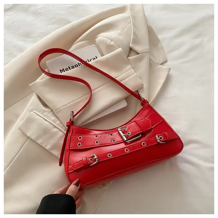 Red Motorcycle Style Shoulder Bag with Buckle Detail