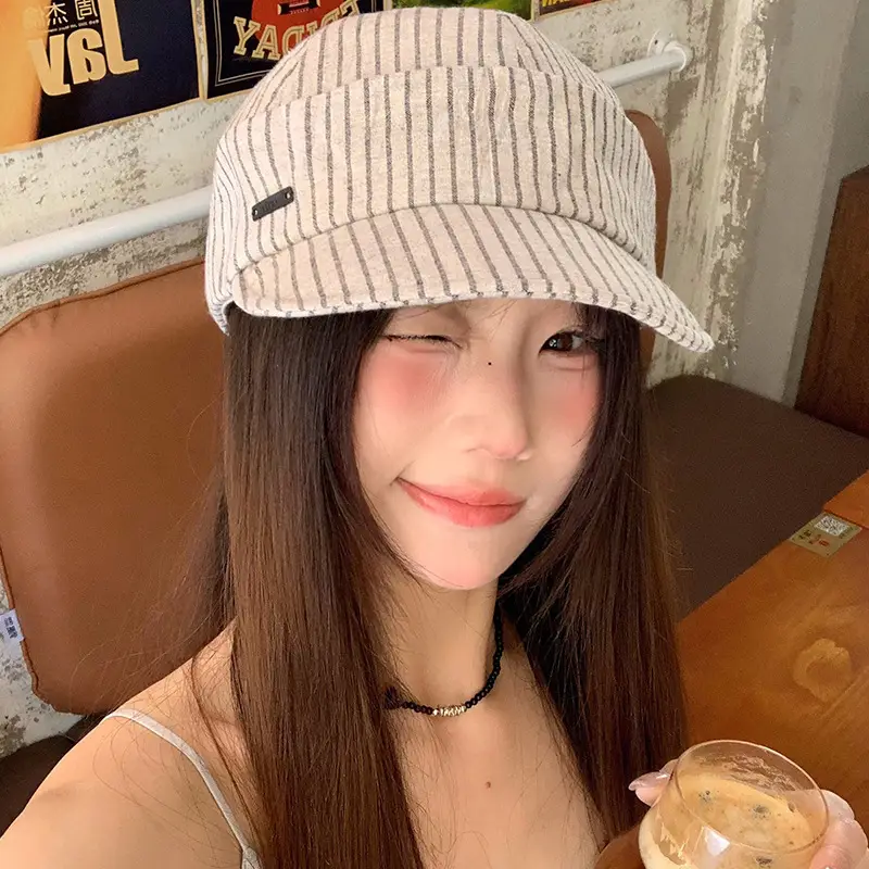 Japanese Style Women's White Striped Straw Sun Hat - Image 5