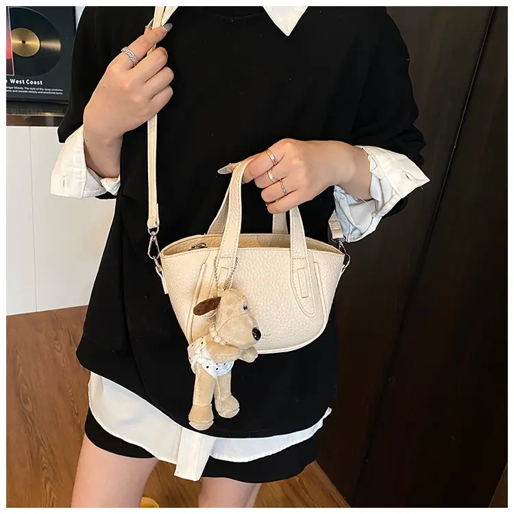 Women's 2025 Handheld Shoulder Crossbody Bag Beige Bucket Texture — feature 11