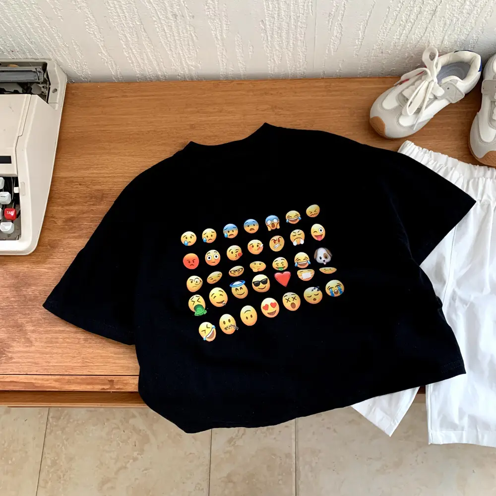 Kids Black T-Shirt with Emojis Short Sleeve Cotton Summer Wear - Image 3
