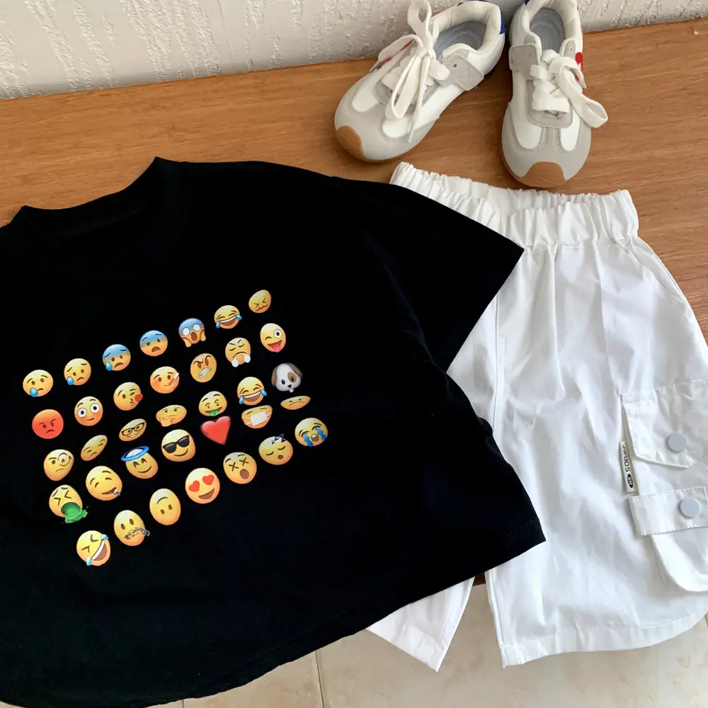 Kids Black T-Shirt with Emojis Short Sleeve Cotton Summer Wear - Image 4