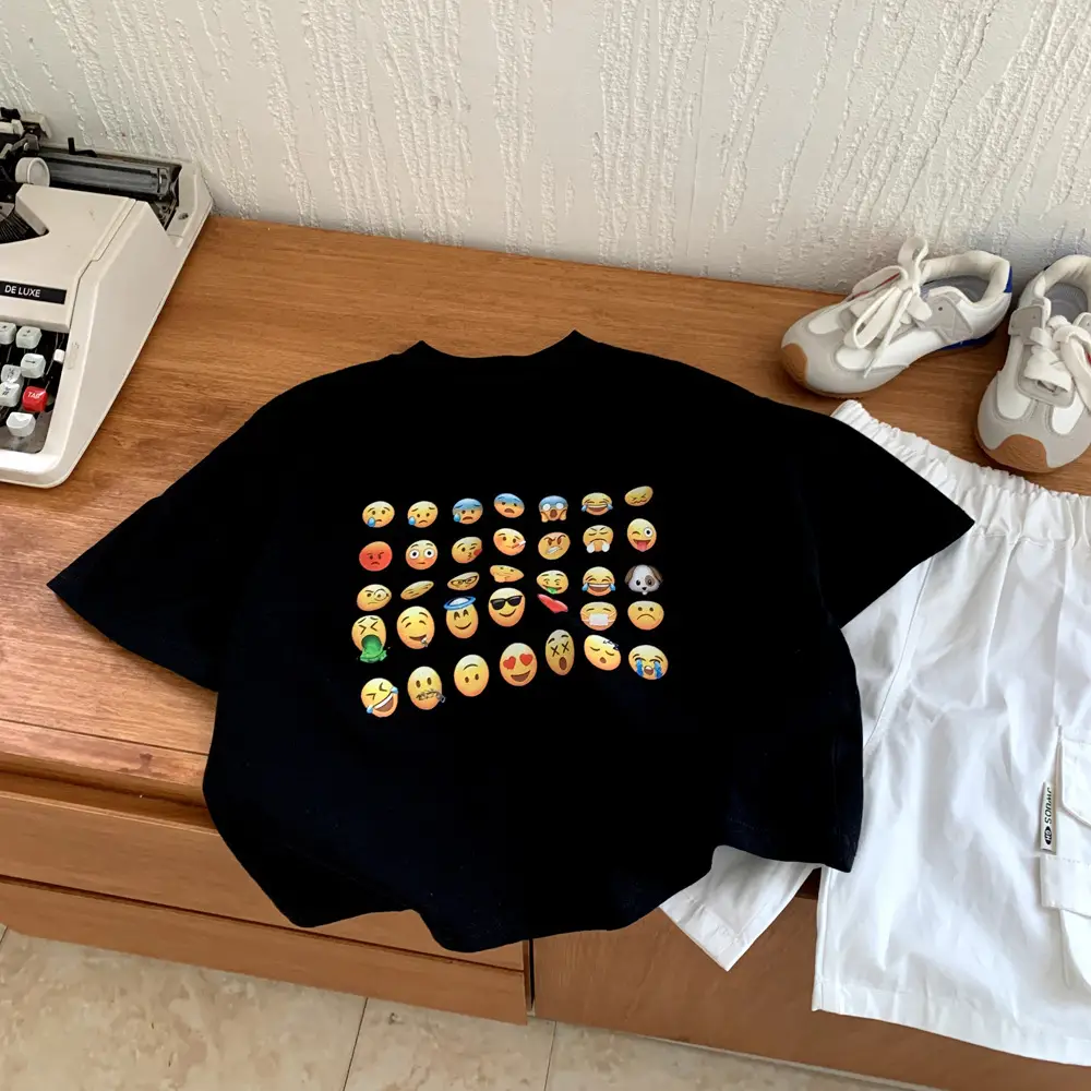 Kids Black T-Shirt with Emojis Short Sleeve Cotton Summer Wear — feature 6