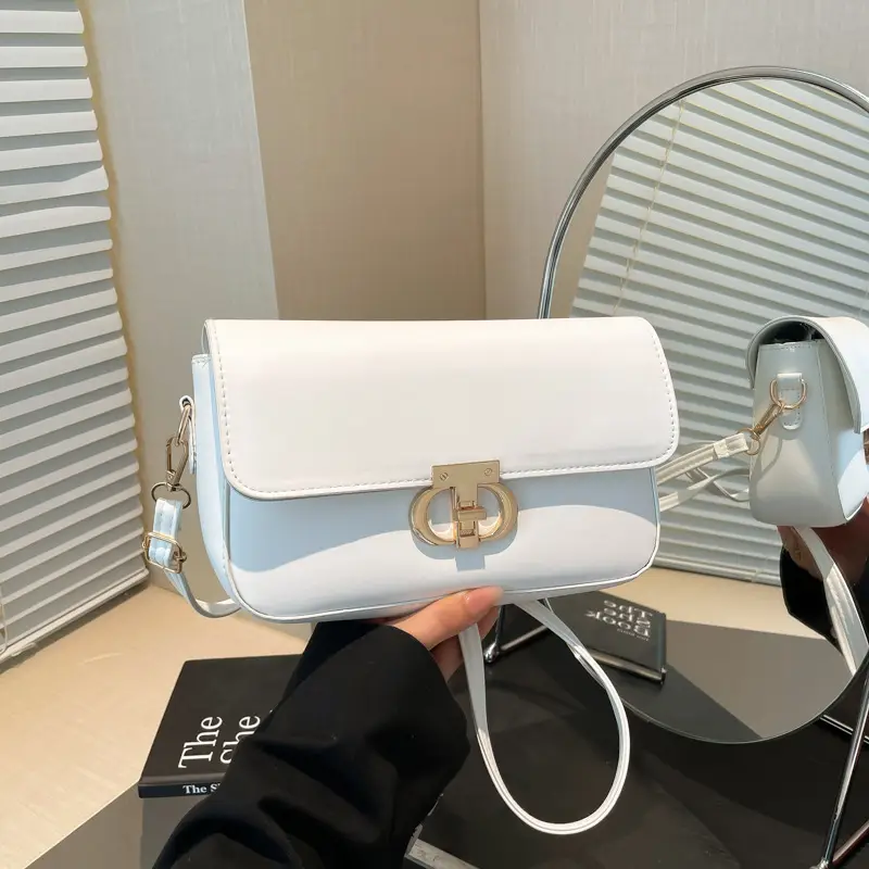 White Blue Textured Lock Buckle Satchel Bag for Women - Image 2
