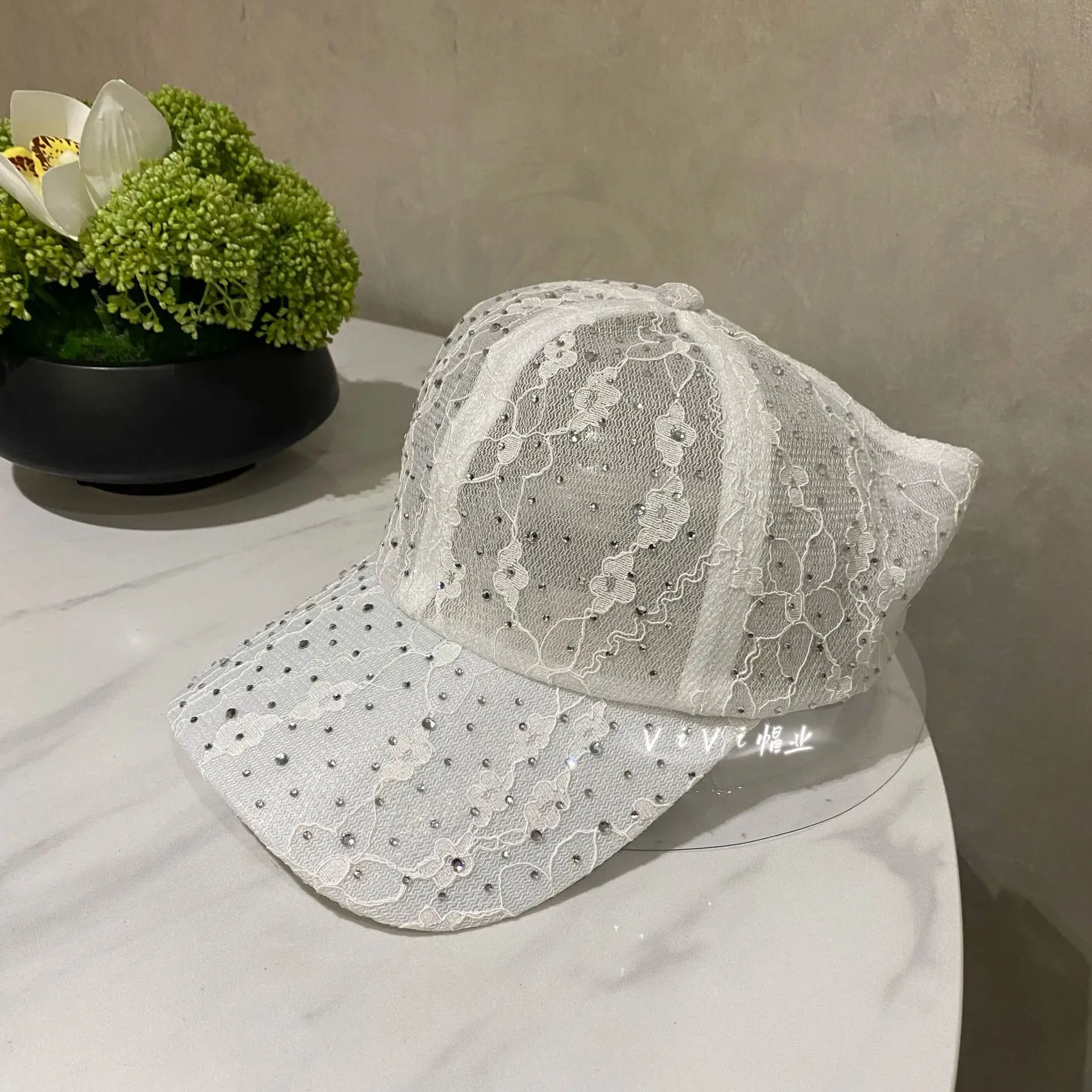 Black Rhinestone Lace Half Empty Baseball Cap for Women - Image 2
