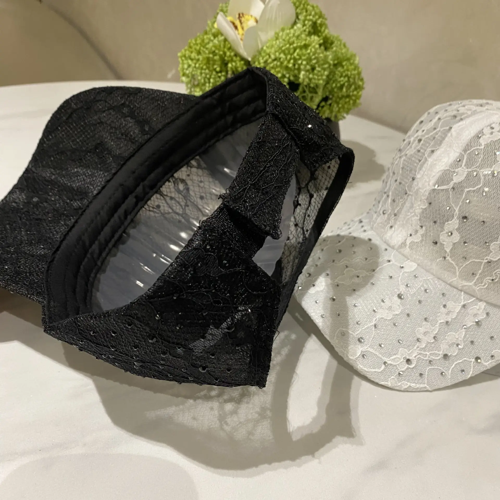 Black Rhinestone Lace Half Empty Baseball Cap for Women - Image 5