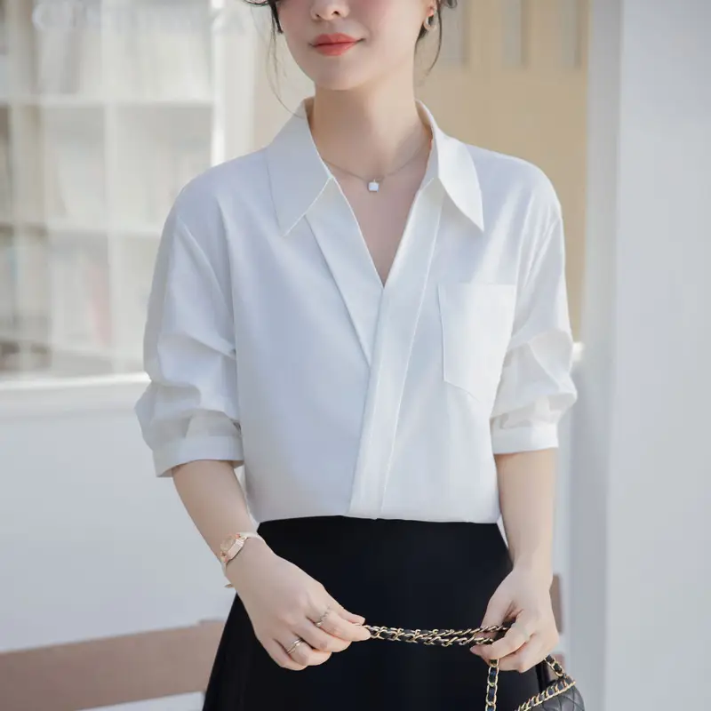 White Shirt Women's 2025 Summer New Casual Loose Professional French Niche Top V-Neck Short-Sleeved Shirt - Image 3