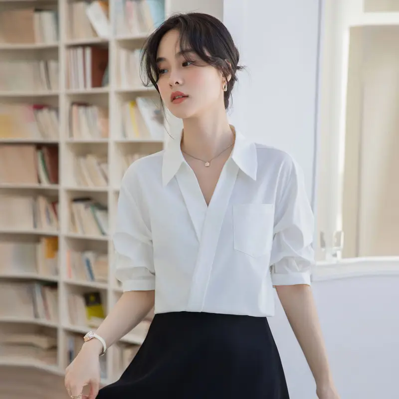 White Shirt Women's 2025 Summer New Casual Loose Professional French Niche Top V-Neck Short-Sleeved Shirt - Image 4