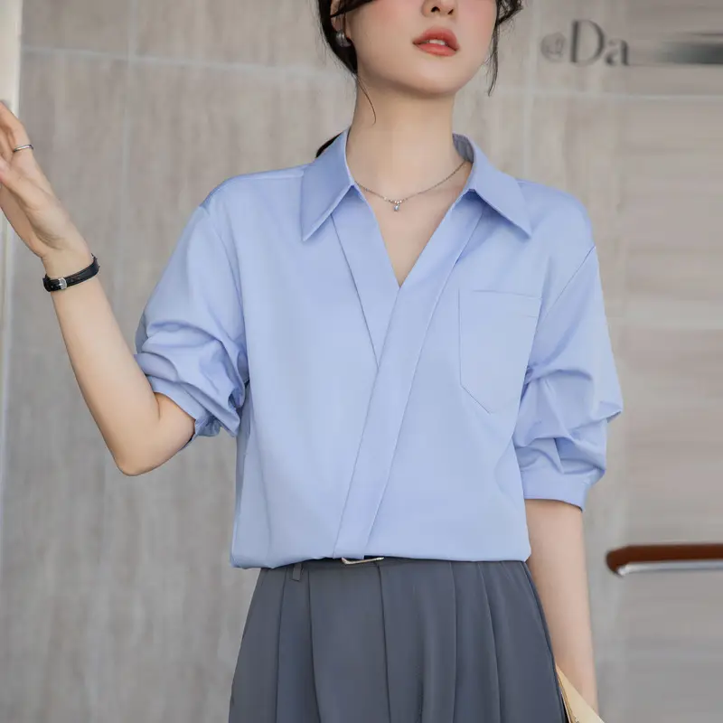 White Shirt Women's 2025 Summer New Casual Loose Professional French Niche Top V-Neck Short-Sleeved Shirt - Image 2