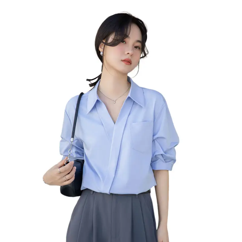 White Shirt Women's 2025 Summer New Casual Loose Professional French Niche Top V-Neck Short-Sleeved Shirt - Image 5