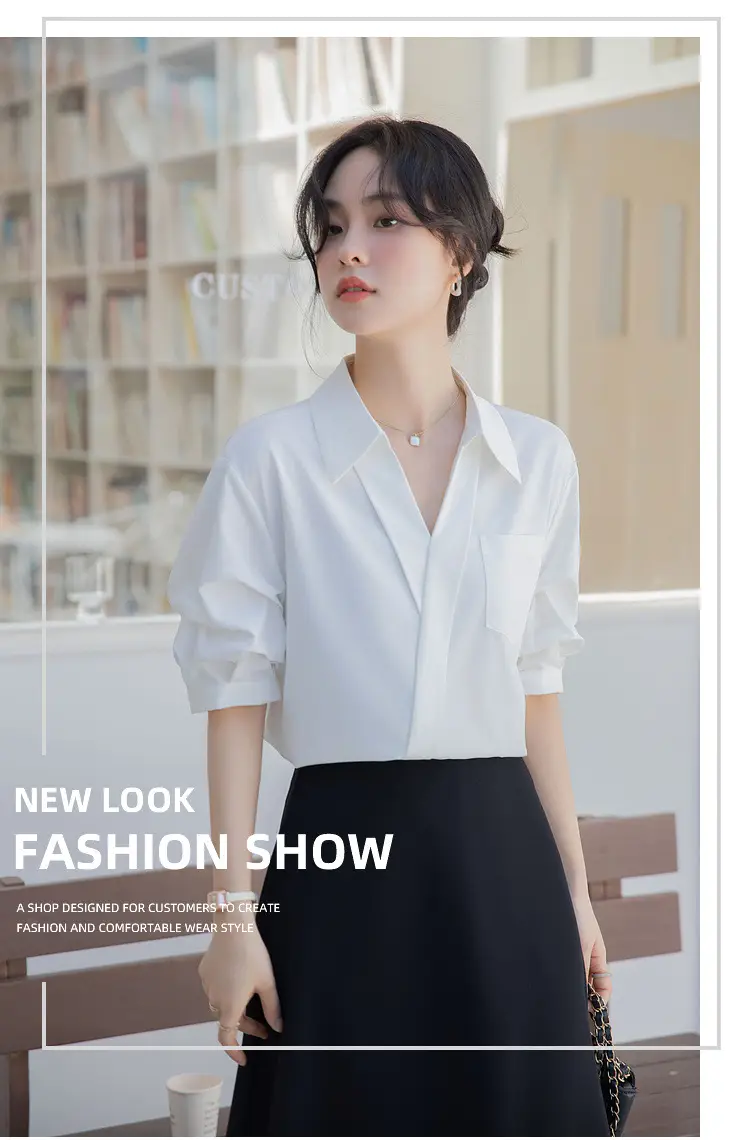 White Shirt Women's 2025 Summer New Casual Loose Professional French Niche Top V-Neck Short-Sleeved Shirt — feature 1