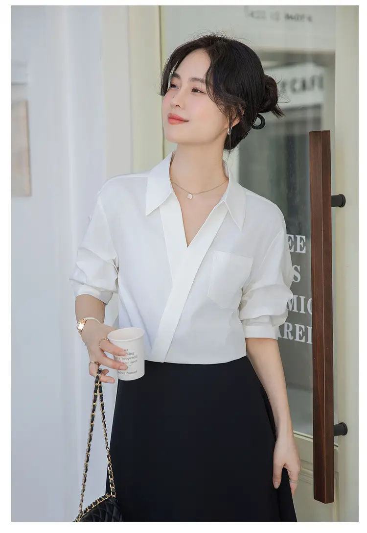 White Shirt Women's 2025 Summer New Casual Loose Professional French Niche Top V-Neck Short-Sleeved Shirt — feature 12