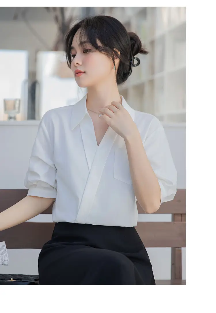 White Shirt Women's 2025 Summer New Casual Loose Professional French Niche Top V-Neck Short-Sleeved Shirt — feature 13