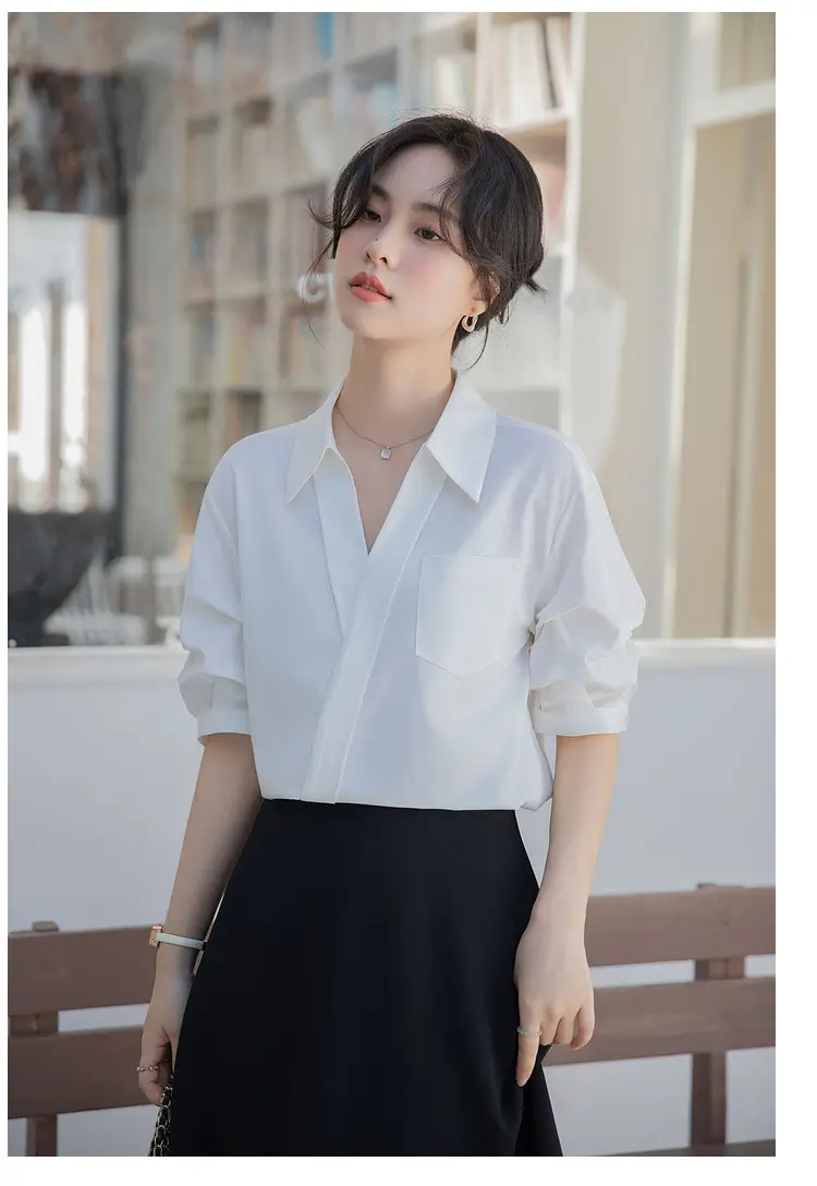 White Shirt Women's 2025 Summer New Casual Loose Professional French Niche Top V-Neck Short-Sleeved Shirt — feature 14