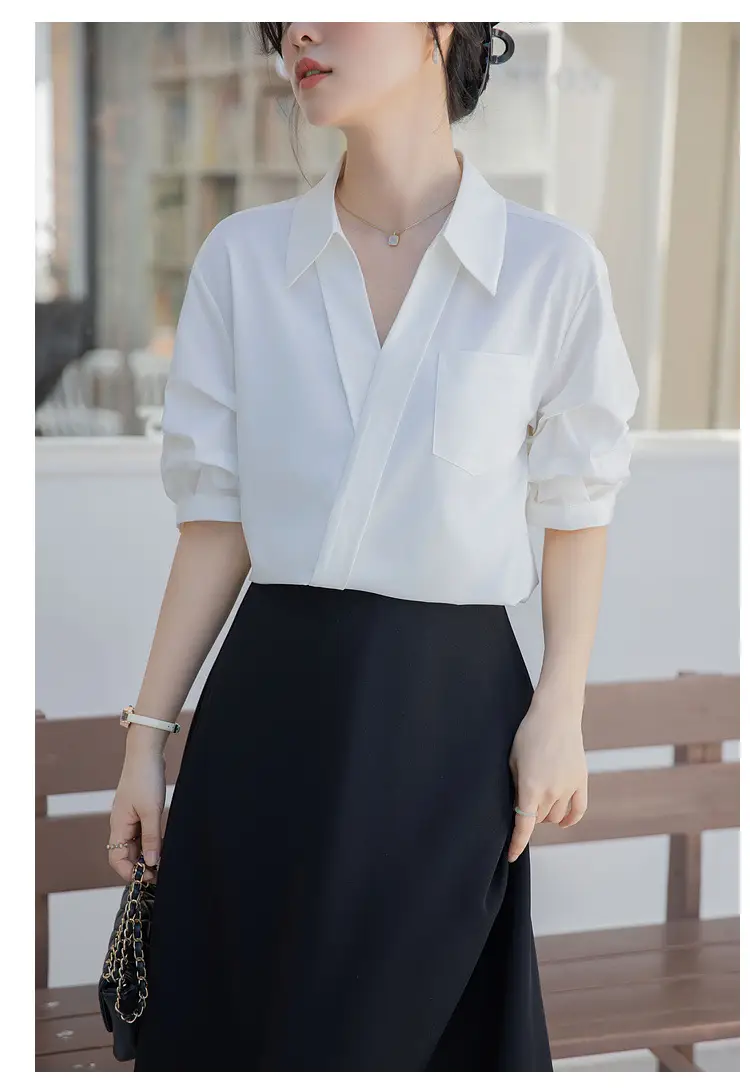 White Shirt Women's 2025 Summer New Casual Loose Professional French Niche Top V-Neck Short-Sleeved Shirt — feature 15