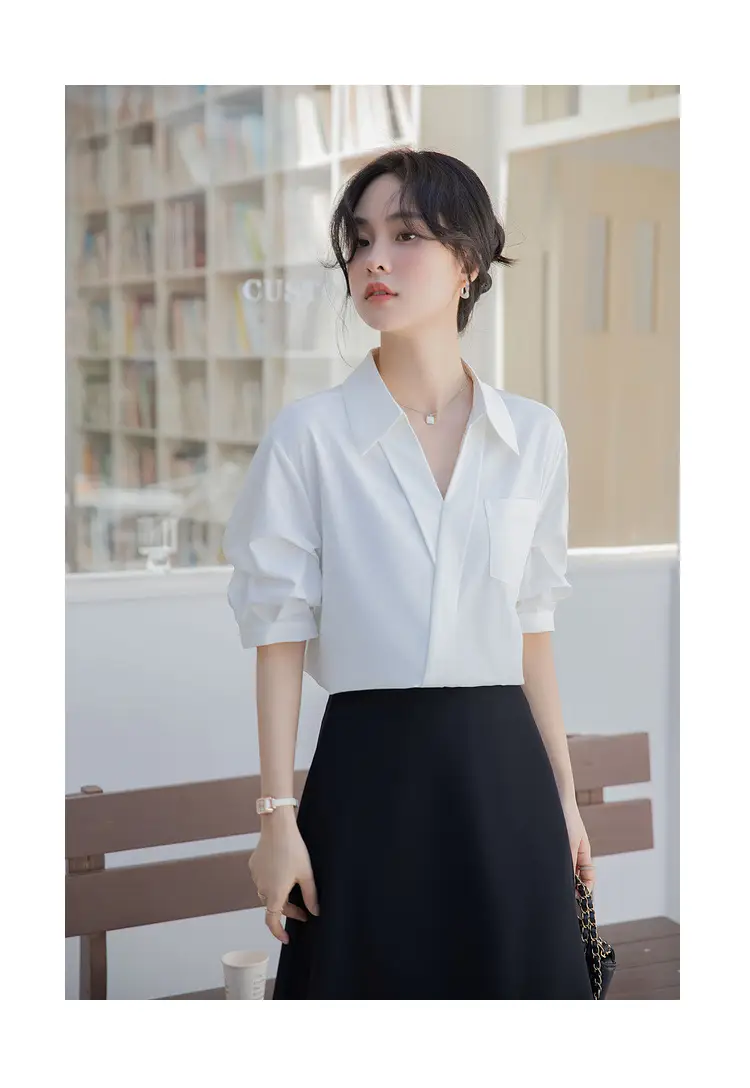 White Shirt Women's 2025 Summer New Casual Loose Professional French Niche Top V-Neck Short-Sleeved Shirt — feature 16