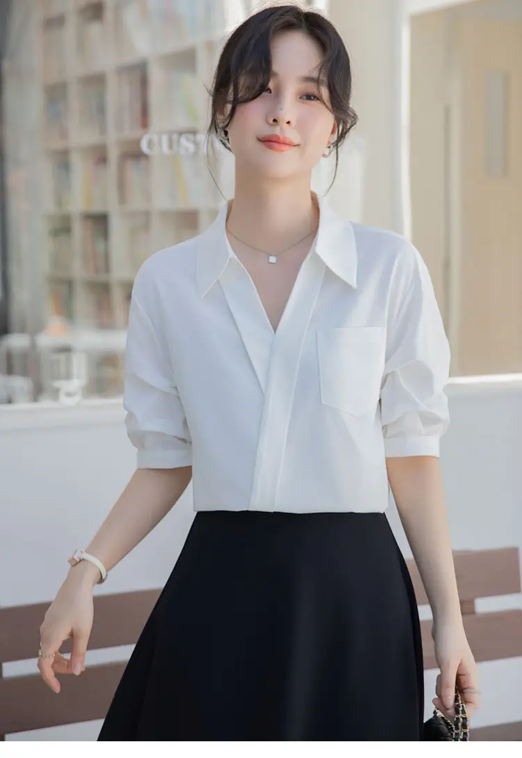 White Shirt Women's 2025 Summer New Casual Loose Professional French Niche Top V-Neck Short-Sleeved Shirt — feature 17