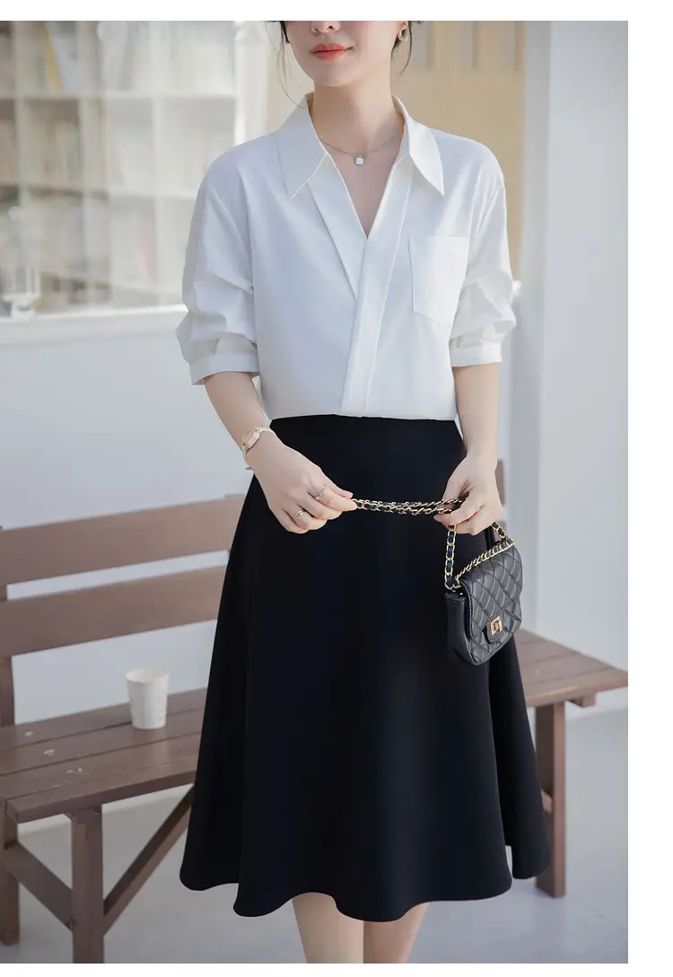 White Shirt Women's 2025 Summer New Casual Loose Professional French Niche Top V-Neck Short-Sleeved Shirt — feature 18