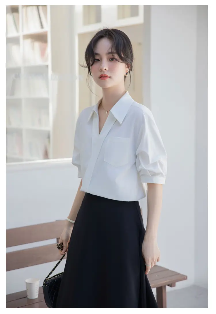White Shirt Women's 2025 Summer New Casual Loose Professional French Niche Top V-Neck Short-Sleeved Shirt — feature 19