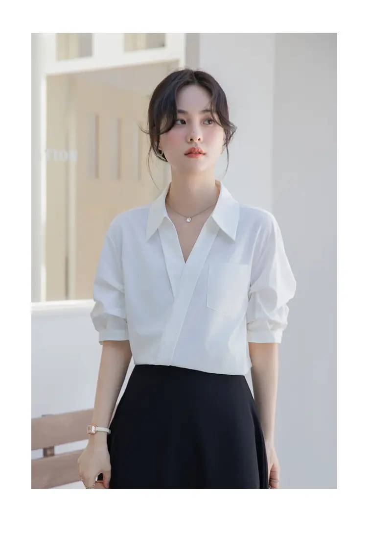 White Shirt Women's 2025 Summer New Casual Loose Professional French Niche Top V-Neck Short-Sleeved Shirt — feature 20
