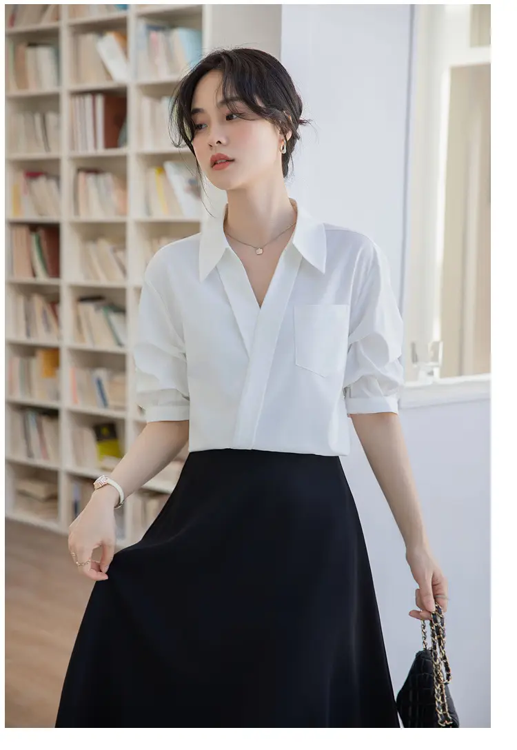 White Shirt Women's 2025 Summer New Casual Loose Professional French Niche Top V-Neck Short-Sleeved Shirt — feature 21