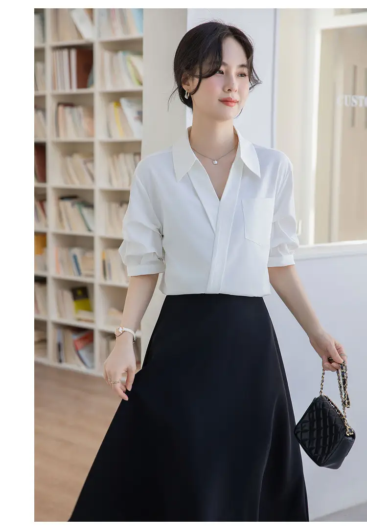 White Shirt Women's 2025 Summer New Casual Loose Professional French Niche Top V-Neck Short-Sleeved Shirt — feature 22