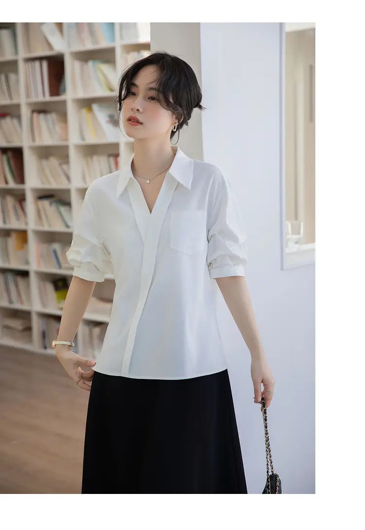 White Shirt Women's 2025 Summer New Casual Loose Professional French Niche Top V-Neck Short-Sleeved Shirt — feature 24