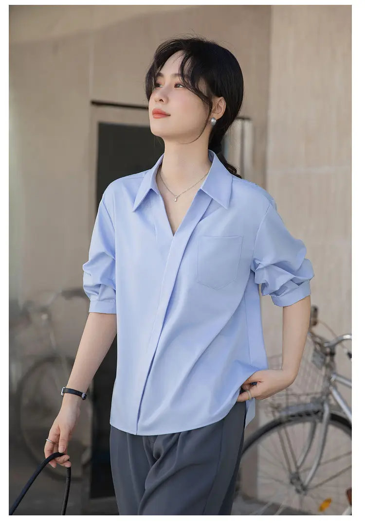 White Shirt Women's 2025 Summer New Casual Loose Professional French Niche Top V-Neck Short-Sleeved Shirt — feature 25