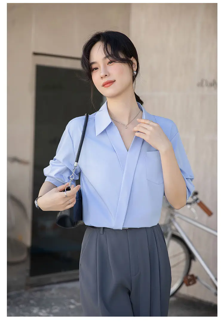 White Shirt Women's 2025 Summer New Casual Loose Professional French Niche Top V-Neck Short-Sleeved Shirt — feature 26