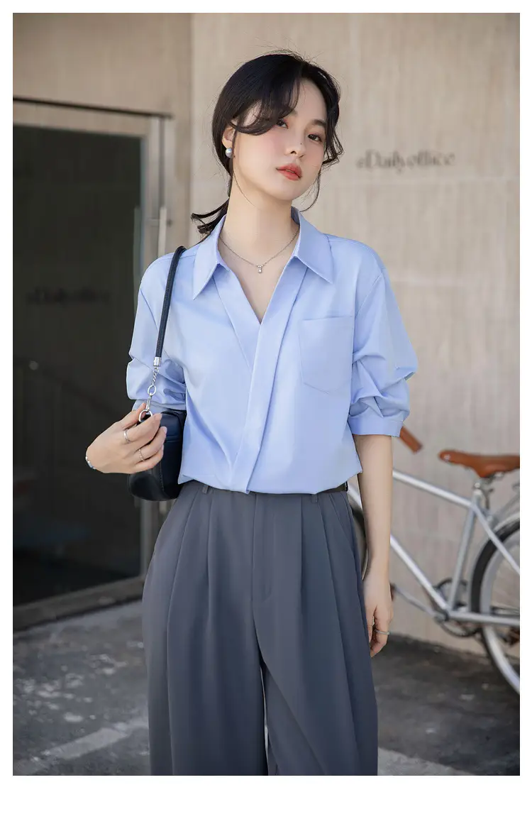 White Shirt Women's 2025 Summer New Casual Loose Professional French Niche Top V-Neck Short-Sleeved Shirt — feature 27