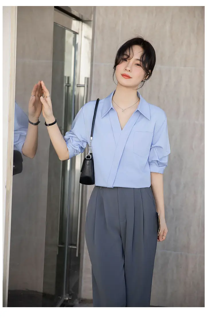 White Shirt Women's 2025 Summer New Casual Loose Professional French Niche Top V-Neck Short-Sleeved Shirt — feature 28
