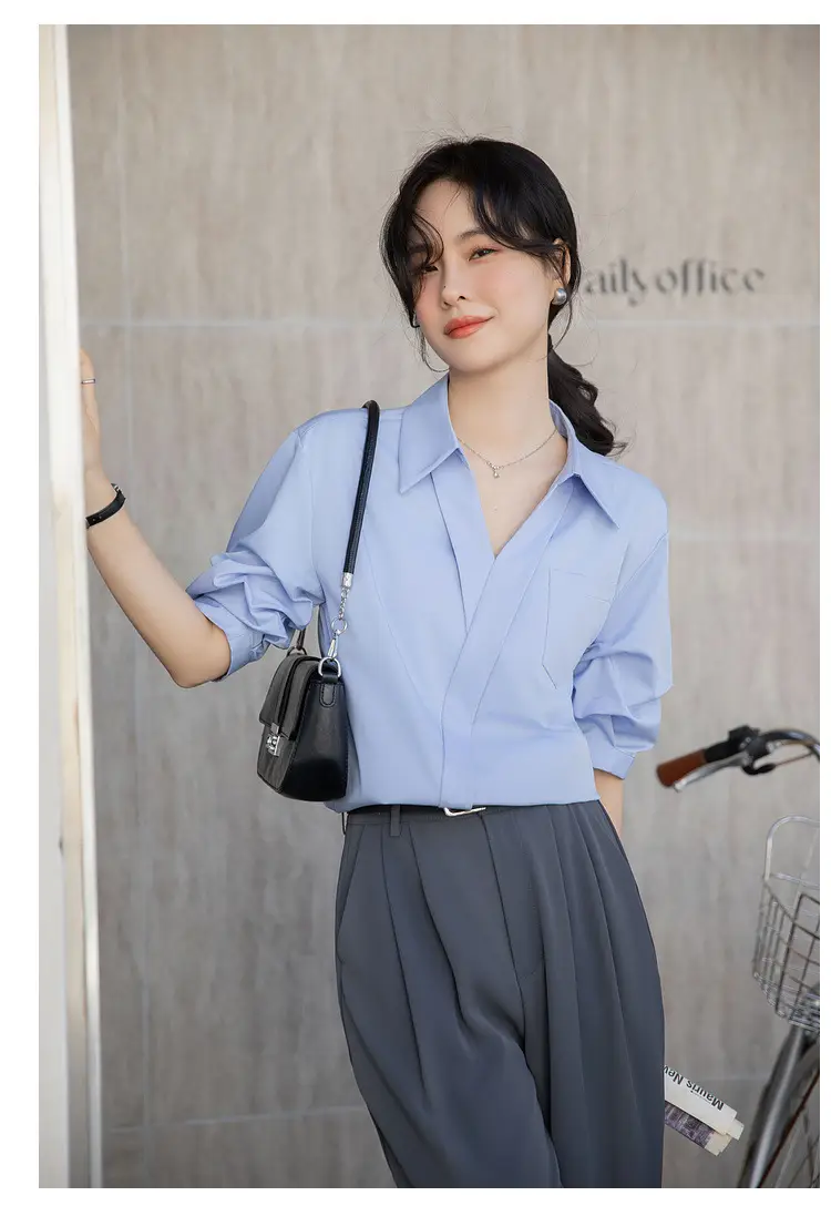 White Shirt Women's 2025 Summer New Casual Loose Professional French Niche Top V-Neck Short-Sleeved Shirt — feature 29