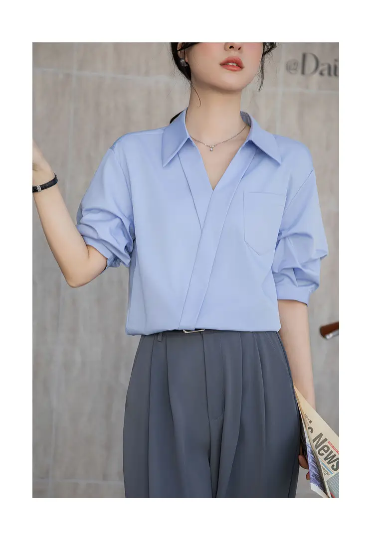 White Shirt Women's 2025 Summer New Casual Loose Professional French Niche Top V-Neck Short-Sleeved Shirt — feature 30
