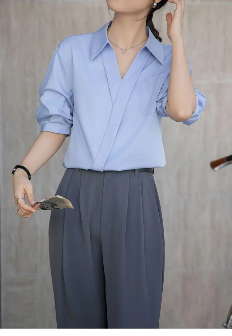 White Shirt Women's 2025 Summer New Casual Loose Professional French Niche Top V-Neck Short-Sleeved Shirt — feature 31