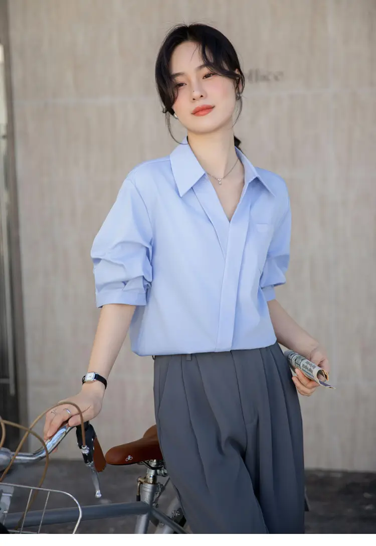 White Shirt Women's 2025 Summer New Casual Loose Professional French Niche Top V-Neck Short-Sleeved Shirt — feature 32