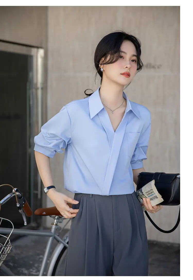White Shirt Women's 2025 Summer New Casual Loose Professional French Niche Top V-Neck Short-Sleeved Shirt — feature 33