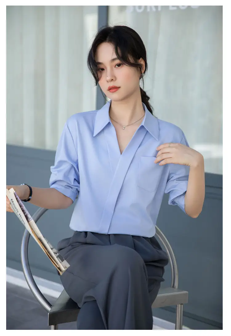 White Shirt Women's 2025 Summer New Casual Loose Professional French Niche Top V-Neck Short-Sleeved Shirt — feature 34