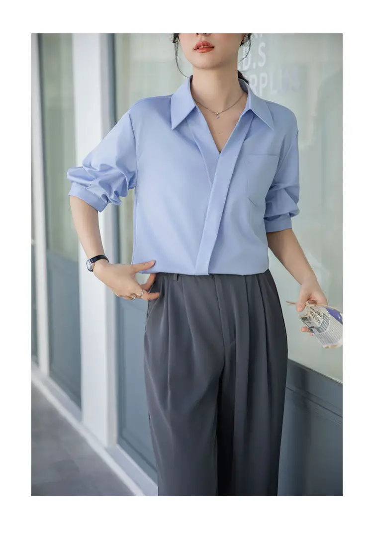 White Shirt Women's 2025 Summer New Casual Loose Professional French Niche Top V-Neck Short-Sleeved Shirt — feature 35